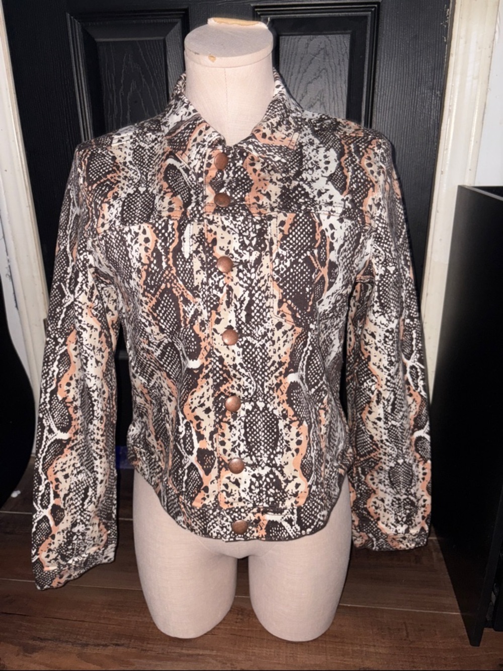 New York & Company Women's Snake Print Jean Jacket in Brown, Black & Cream